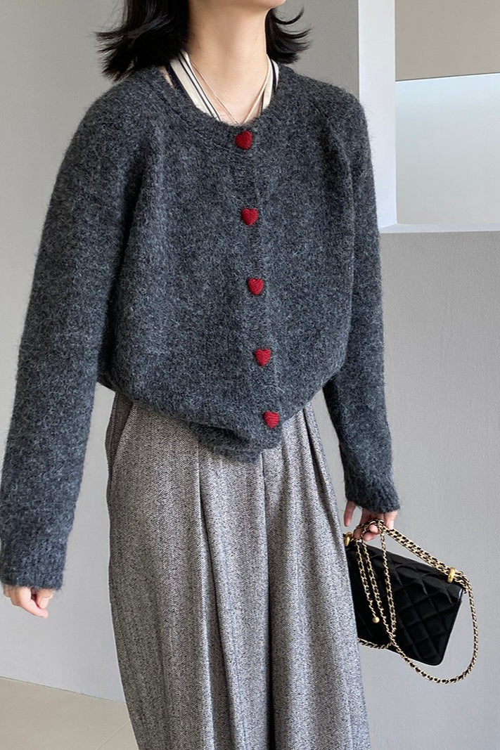 Oversized Heart Button Round Neck Cardigan