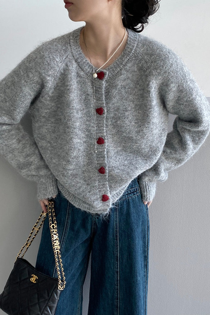 Oversized Heart Button Round Neck Cardigan