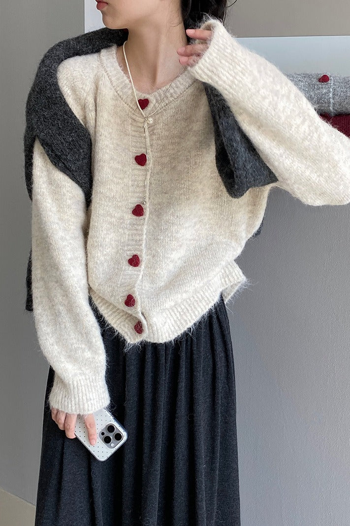 Oversized Heart Button Round Neck Cardigan