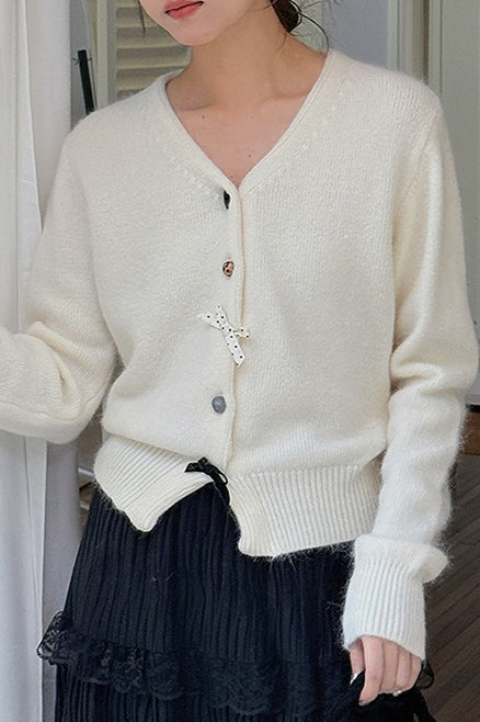 V Neck Bow Detail Button Cardigan