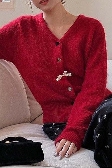 V Neck Bow Detail Button Cardigan