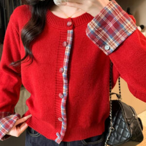 Red Plaid Contrast Round Neck Cardigan