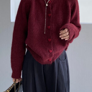 Oversized Heart Button Round Neck Cardigan