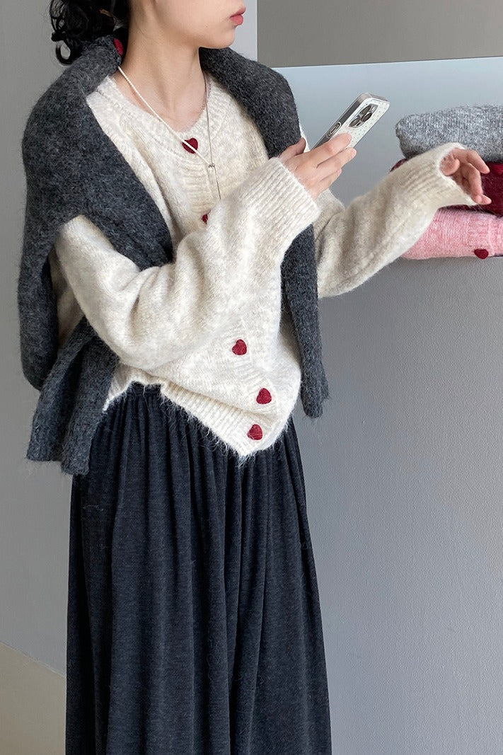 Oversized Heart Button Round Neck Cardigan