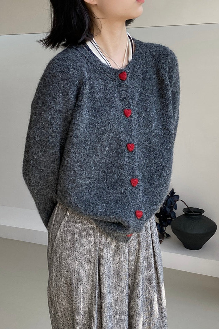 Oversized Heart Button Round Neck Cardigan