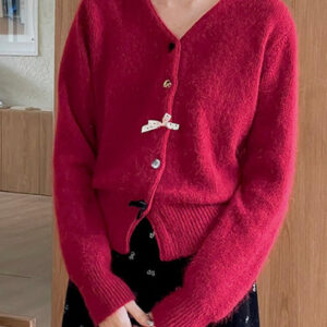V Neck Bow Detail Button Cardigan
