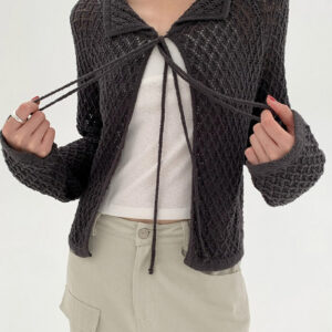 Hollow-Out Collared Tie-Waist Long-Sleeve Short Knit Cardigan