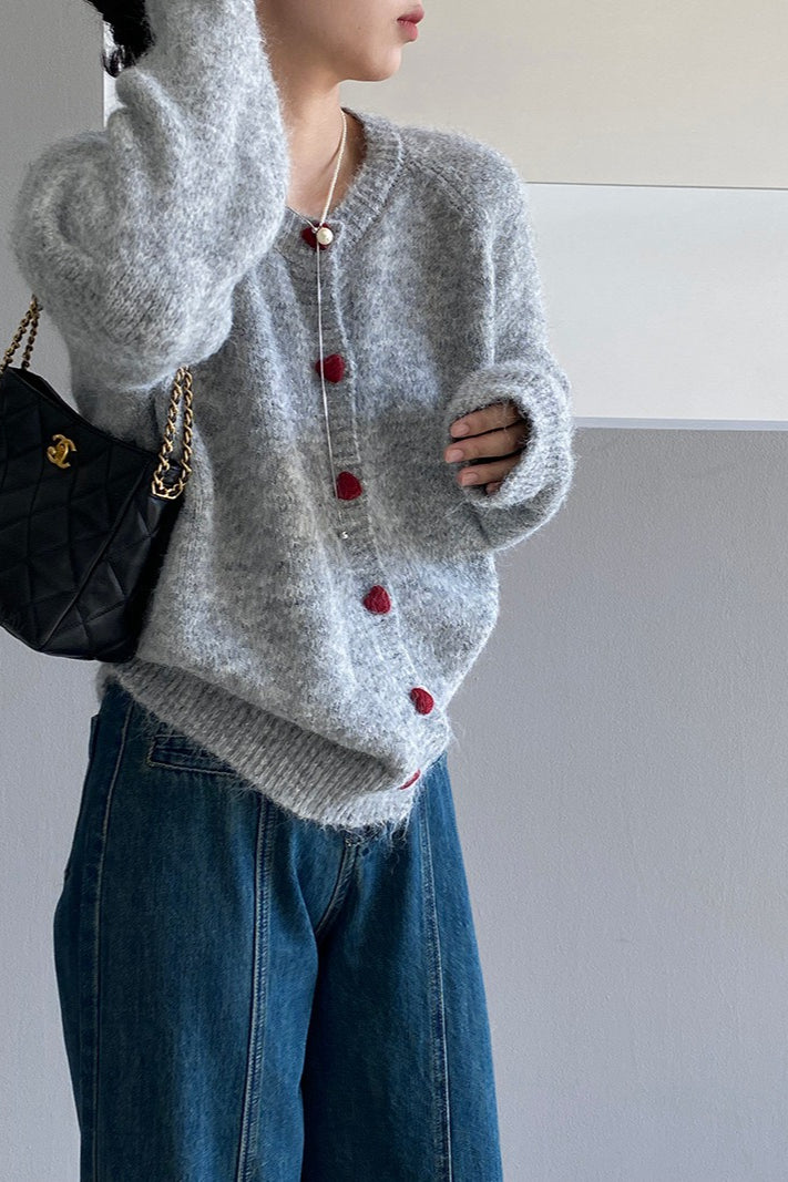 Oversized Heart Button Round Neck Cardigan