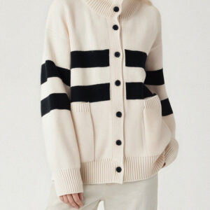 Color Block Stripe Turtleneck Loose Plus Size Knit Cardigan