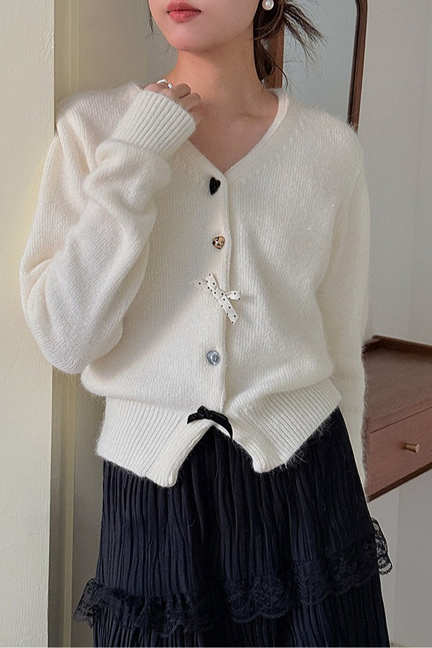 V Neck Bow Detail Button Cardigan